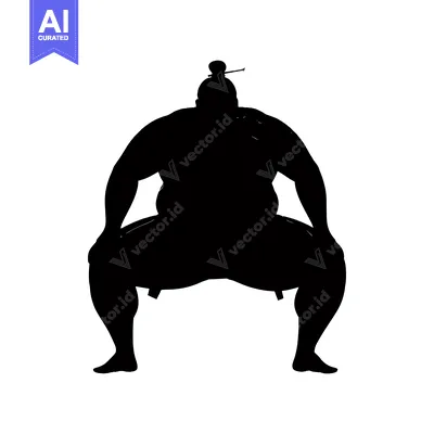 Aset desain premium: A Black and White Silhouette of a Sumo Wrestler in a Fighting Stance