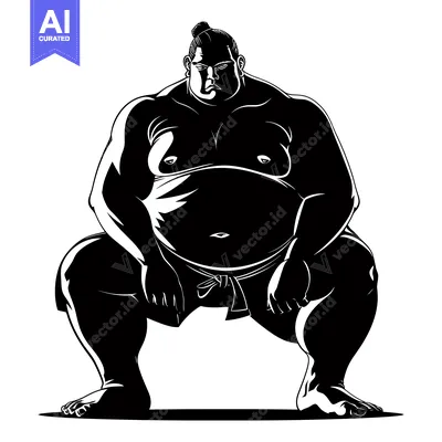 Black and White Illustration of a Sumo Wrestler in a Fighting Stance