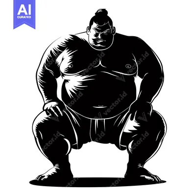 Black and White Illustration of a Sumo Wrestler in a Fighting Stance