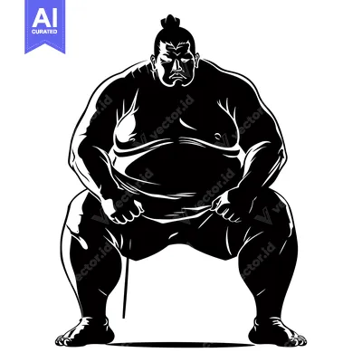 Black and White Silhouette of a Sumo Wrestler in a Fighting Stance