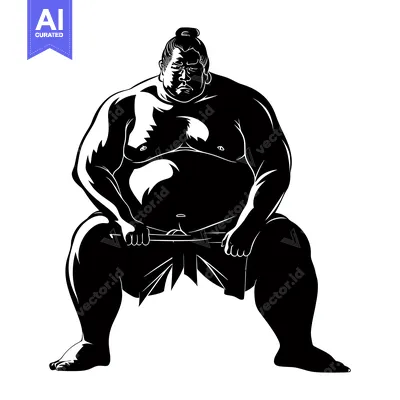 Premium design asset: Black and White Silhouette of a Sumo Wrestler in a Fighting Stance