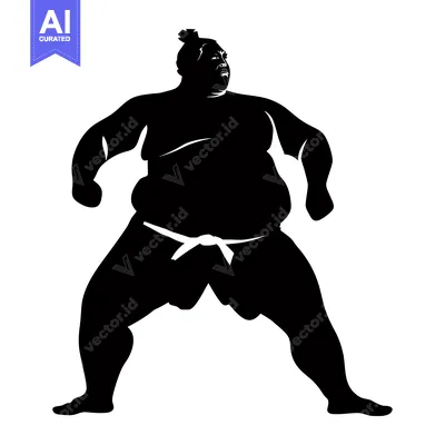 Aset desain premium: Black and White Silhouette of a Sumo Wrestler in a Fighting Stance