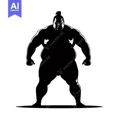 Black and White Silhouette of a Sumo Wrestler in a Fighting Stance