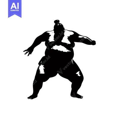 Aset premium populer: Black and White Silhouette of a Sumo Wrestler in a Fighting Stance