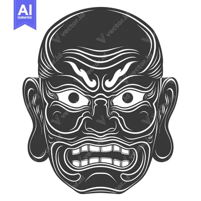 Aset desain premium: Black and White Illustration of a Japanese Oni Mask with Fangs