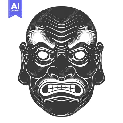 Aset premium populer: Black and White Illustration of a Traditional Japanese Mask with an An