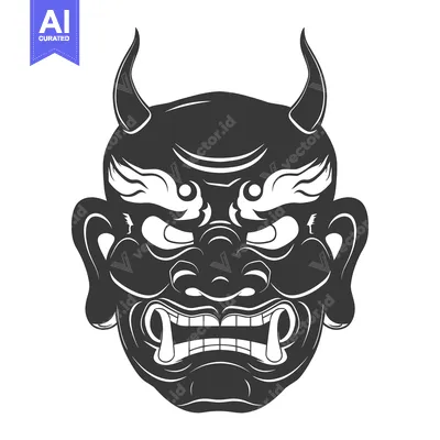 Premium design asset: Black and White Illustration of a Japanese Oni Mask with Horns and Fan