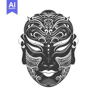 Aset desain premium: Ornate Black and White Mask with Intricate Floral Design