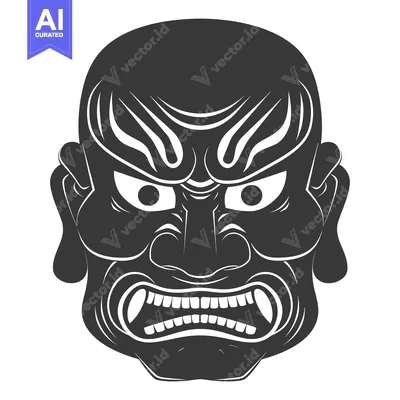 Aset premium populer: Black and White Illustration of a Japanese Oni Mask with Fangs and Gla