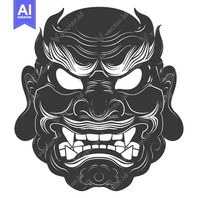 Aset premium populer: Black and White Illustration of a Japanese Oni Mask with Fangs