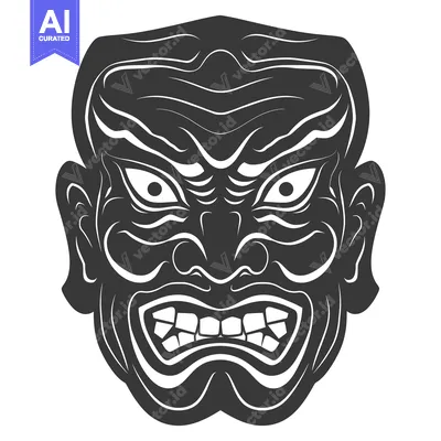 Aset desain premium: Black and White Illustration of a Traditional Japanese Oni Mask