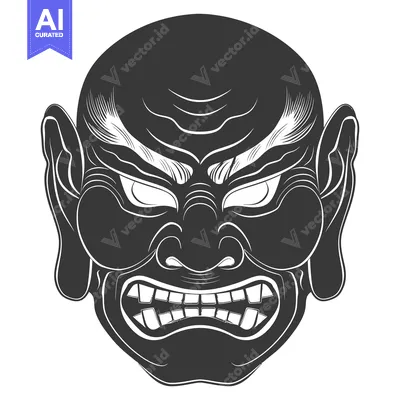 Aset desain premium: A Close-up of a Japanese Oni Mask with Ferocious Expression
