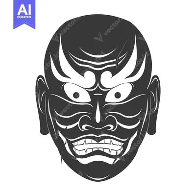 Aset desain premium: Black and White Illustration of a Japanese Demon Mask