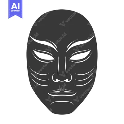 Black and White Illustration of a Mask with Detailed Facial Features