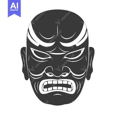 Aset desain premium: Black and White Illustration of a Japanese Oni Mask with Fangs