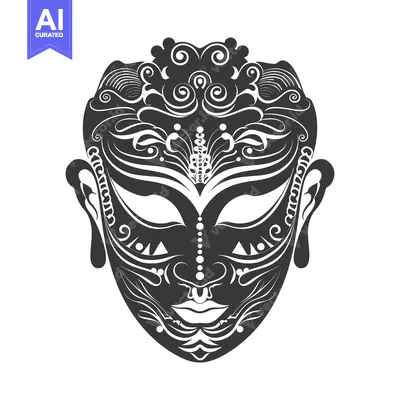 Aset desain premium: Ornate Black and White Mask with Intricate Floral Design