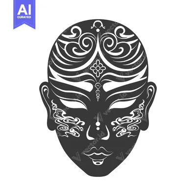 Aset desain premium: Black and White Illustrated Face with Ornate Design