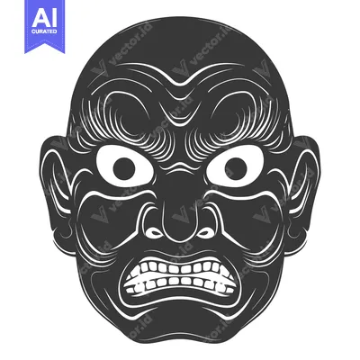 Aset premium populer: Black and White Illustration of a Japanese Oni Mask with Ferocious Exp