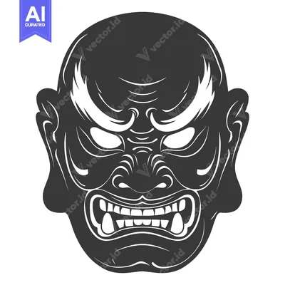 Aset desain premium: A Traditional Japanese Oni Mask with Ferocious Features
