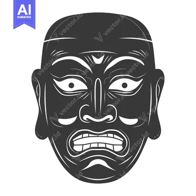 Aset desain premium: Black and White Illustration of a Traditional Japanese Oni Mask with a