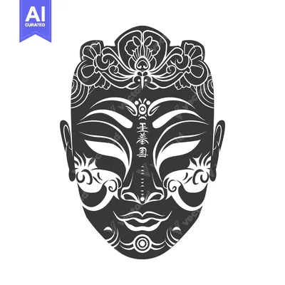 Aset premium populer: Intricately Designed Black and White Asian Mask with Floral Headpiece