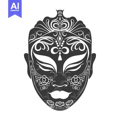 Aset desain premium: Ornate Black and White Venetian Carnival Mask with Floral Details