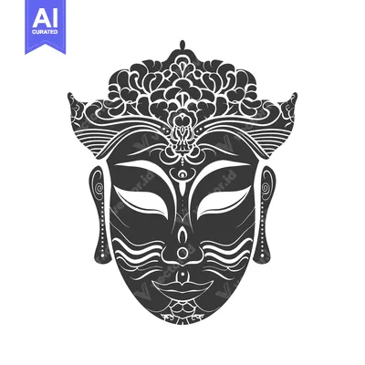 Premium design asset: Ornate Black and White Illustration of a Buddha Mask