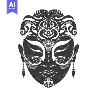 Aset desain premium: Ornate Black and White Mask with Eyes Closed