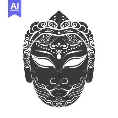 Aset desain premium: Stylized Black and White Mask with Intricate Floral and Geometric Patt