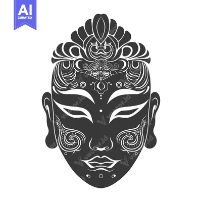 Aset desain premium: Ornate Black and White Buddha Mask with Floral Design