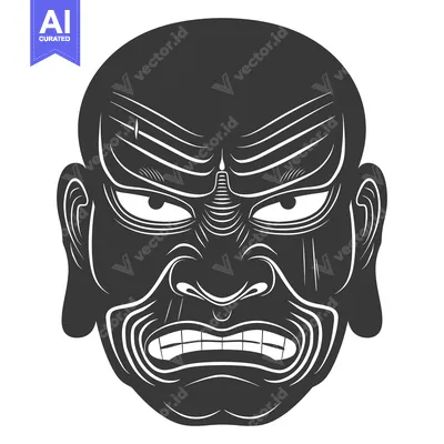 Aset desain premium: Black and White Illustration of a Japanese Oni Mask with a Frowning Ex