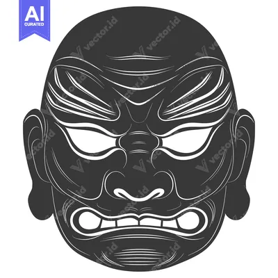Premium design asset: A Detailed Black and White Illustration of an Angry Japanese Oni Mask