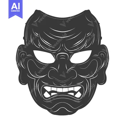 Aset premium populer: Black and White Illustration of a Japanese Oni Mask with Fangs and Wri
