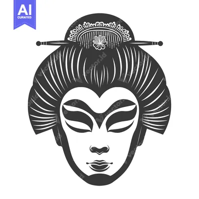 Aset desain premium: Black and White Silhouette of a Geisha's Face with Traditional Hair Or