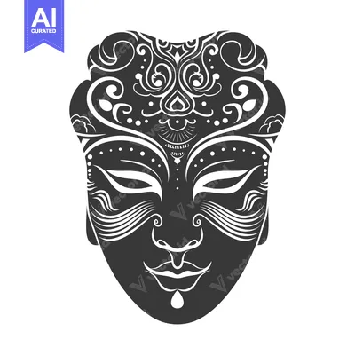Aset desain premium: Ornate Black and White Mask with Intricate Floral Designs