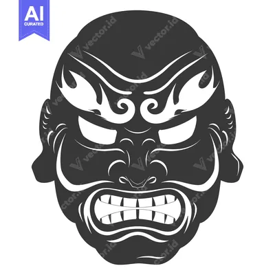 Aset desain premium: Black and White Illustration of a Traditional Japanese Mask with a Fro
