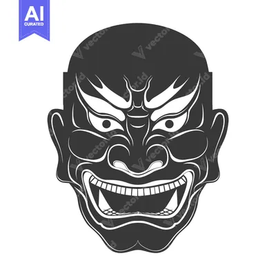 Premium design asset: Black and White Illustration of a Japanese Oni Mask