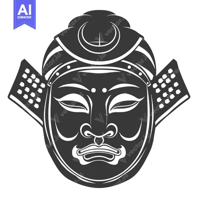 Aset desain premium: Black and White Illustration of a Japanese Samurai Mask