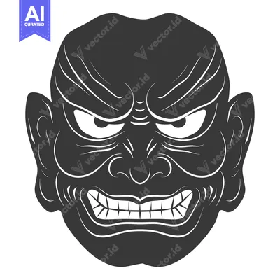 Aset desain premium: Black and White Illustration of an Angry Japanese Demon Mask