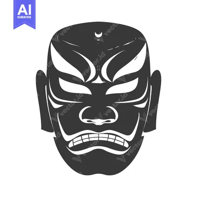 Aset desain premium: Black and White Illustration of a Japanese Noh Mask