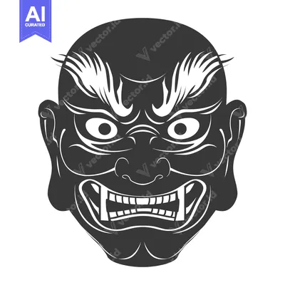 Aset desain premium: Black and White Illustration of a Traditional Japanese Oni Mask