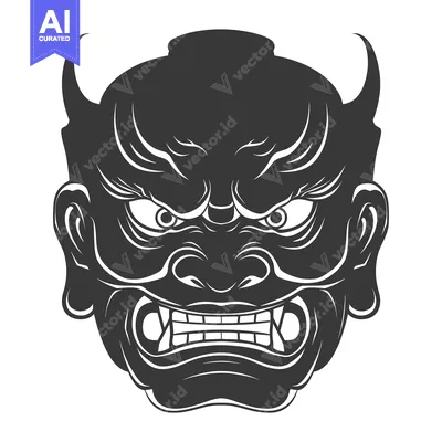 Aset premium populer: Black and White Illustration of a Japanese Oni Mask with Horns and Fan