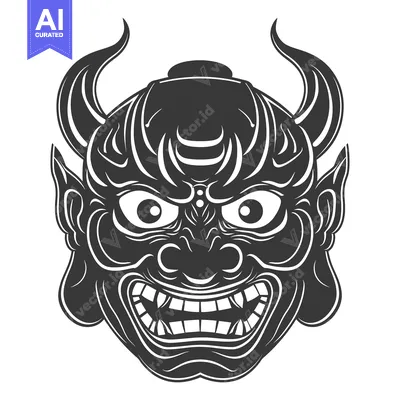 Popular premium asset: A Detailed Black and White Illustration of a Japanese Oni Mask