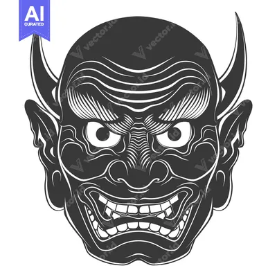 Premium design asset: A Monochrome Illustration of a Traditional Japanese Oni Mask with Horn