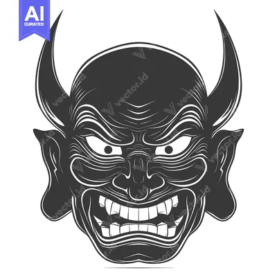 Aset premium populer: Black and White Illustration of a Japanese Oni Demon Mask