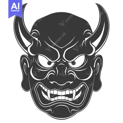 Premium design asset: A Detailed Illustration of a Japanese Oni Mask with Horns and Fangs