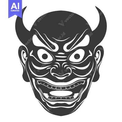 Popular premium asset: A Black and White Illustration of a Japanese Oni Mask with Horns