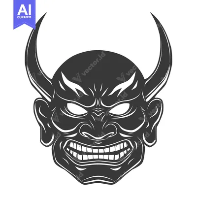 Aset desain premium: A monochrome illustration of a fierce, snarling demonic mask with horn