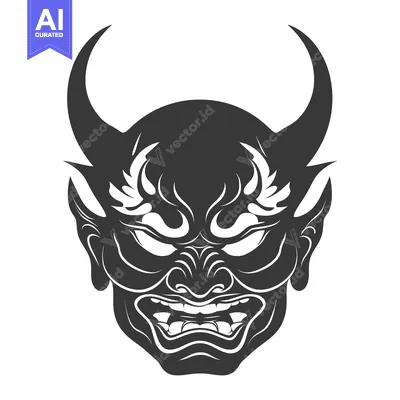 Premium design asset: Black and White Illustration of a Japanese Oni Demon Mask