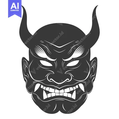 Aset desain premium: Black and White Illustration of a Japanese Demon Mask
